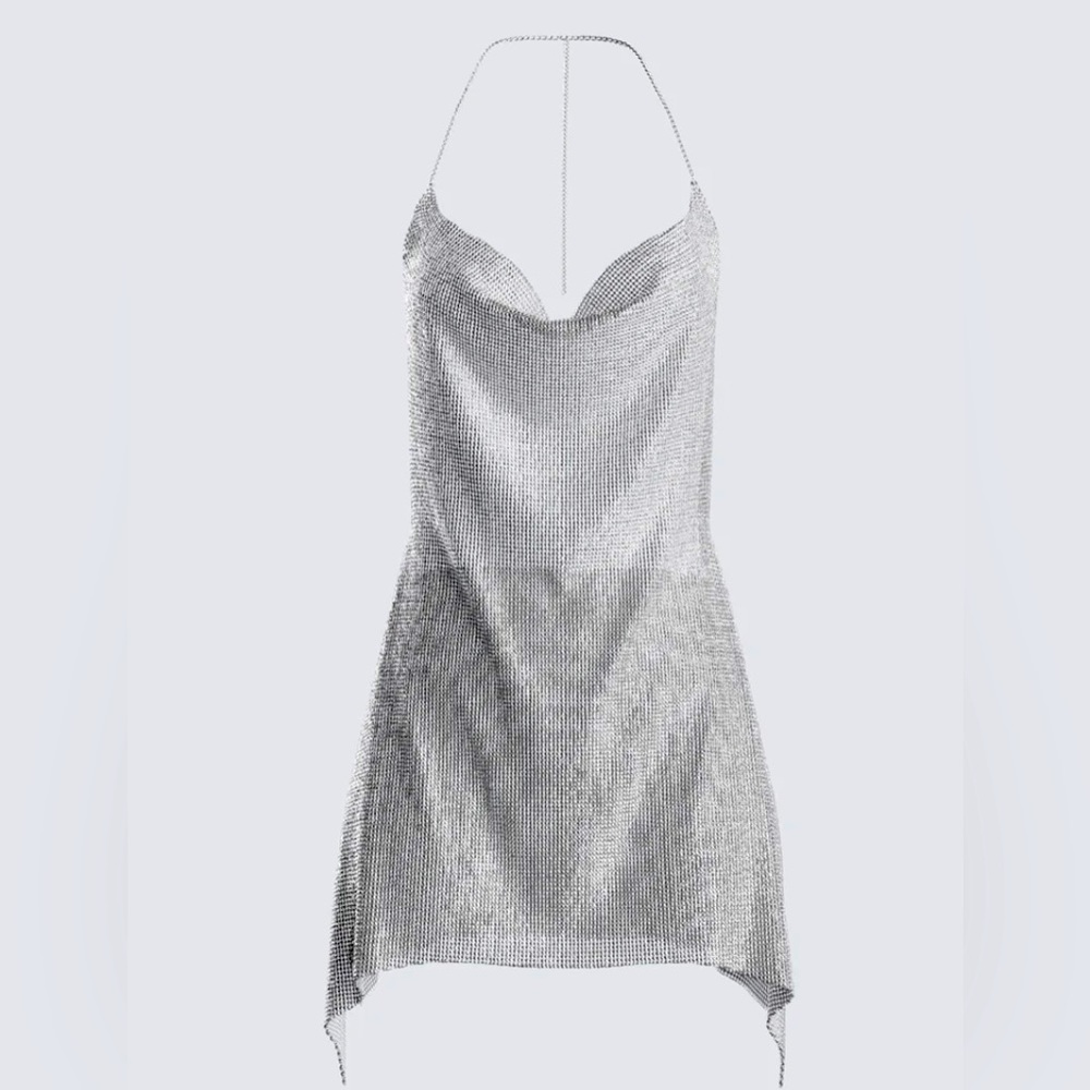 Chain mail Mini Dress in Metallic Silver